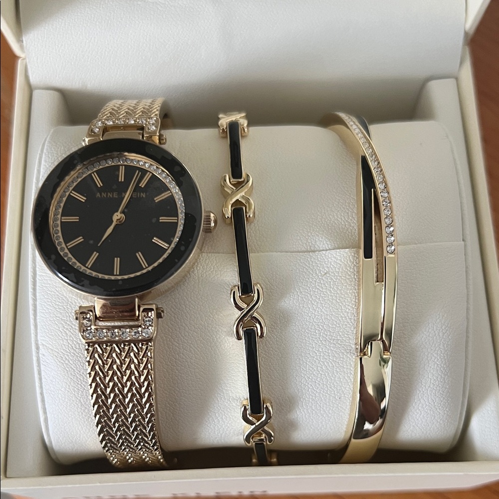 Anne Klein Gold and Black Bracelet Watch Trio